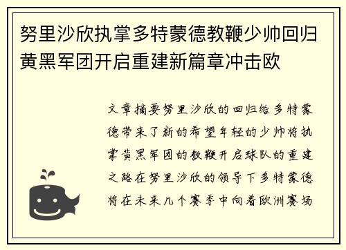 努里沙欣执掌多特蒙德教鞭少帅回归黄黑军团开启重建新篇章冲击欧